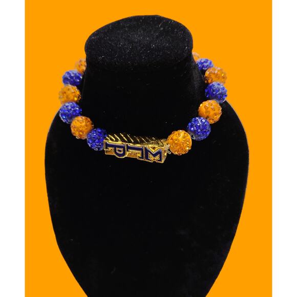 Sigma Gamma Rho Bracelet Blue and Gold Rhinestone Pearls with Logo Block - Picture 3 of 5